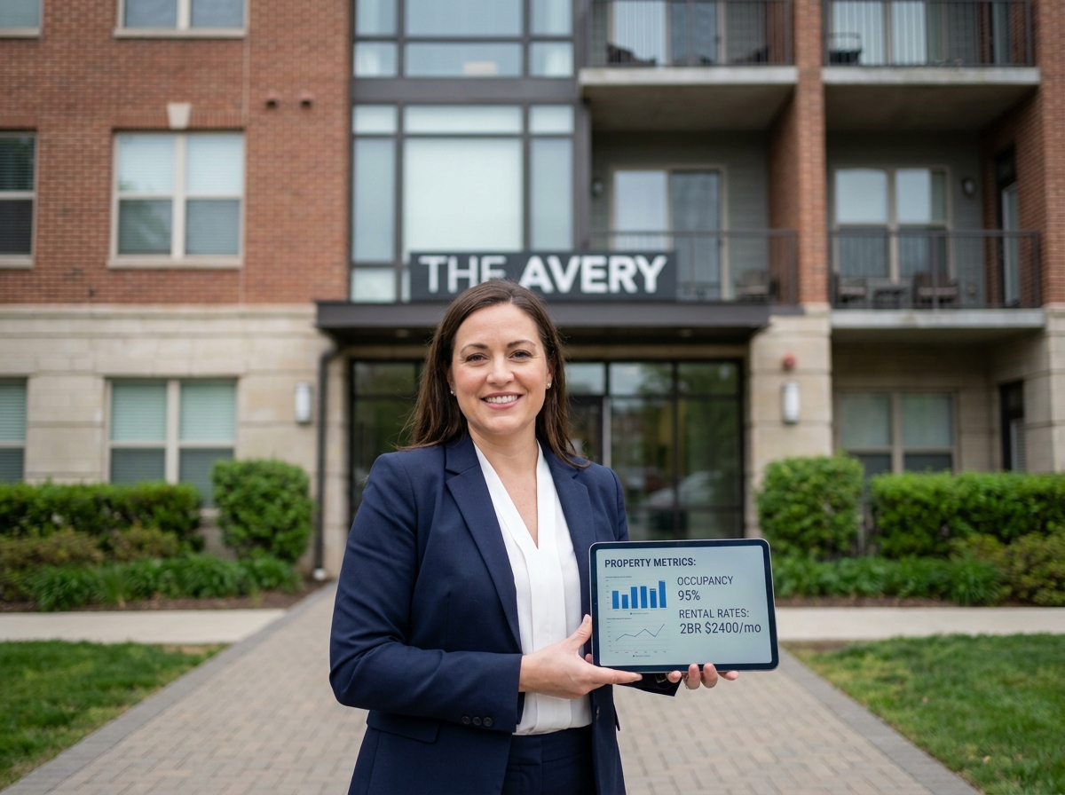 Gestionnaire immobilière devant un immeuble d'habitation analysant les revenus locatifs sur tablette