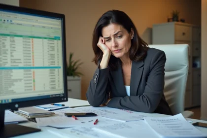 Femme gestionnaire RH frustrée face à des documents de paie désorganisés et confus sur son bureau