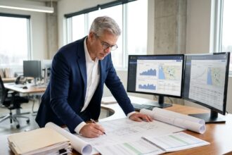 Gestionnaire immobilier expérimenté examinant les plans et documents de gestion d'un parc immobilier dans un bureau professionnel