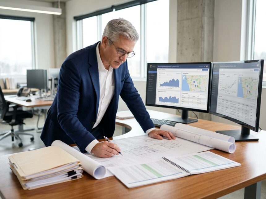 Gestionnaire immobilier expérimenté examinant les plans et documents de gestion d'un parc immobilier dans un bureau professionnel