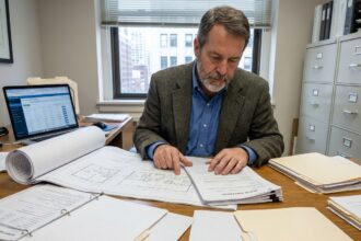 Gestionnaire immobilier analysant des contrats et plans architecturaux à son bureau professionnel avec documents dispersés