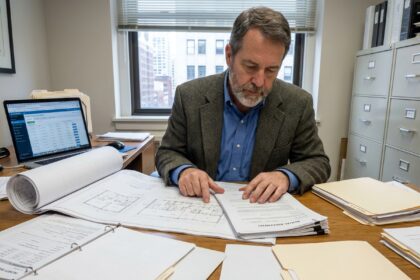 Gestionnaire immobilier analysant des contrats et plans architecturaux à son bureau professionnel avec documents dispersés