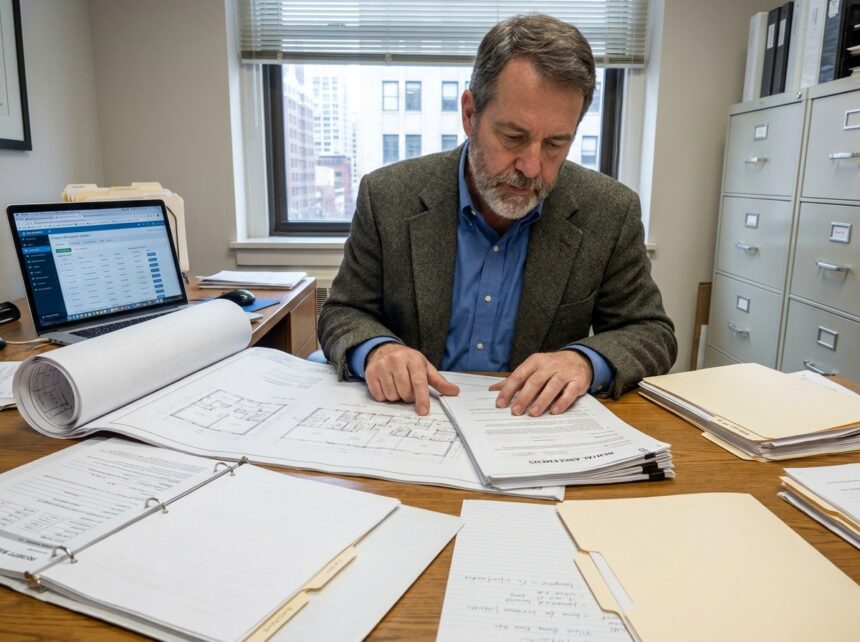 Gestionnaire immobilier analysant des contrats et plans architecturaux à son bureau professionnel avec documents dispersés