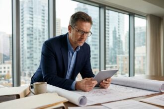 Gestionnaire immobilier consultant des plans et documents de propriété à son bureau professionnel