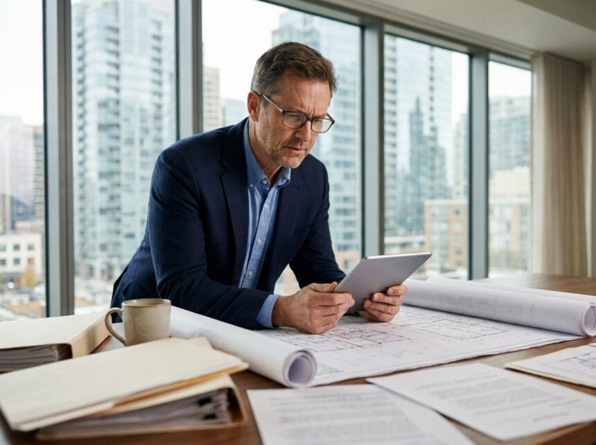 Gestionnaire immobilier consultant des plans et documents de propriété à son bureau professionnel