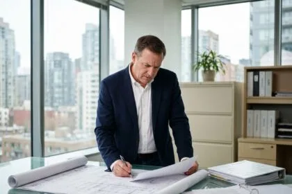 gestionnaire immobilier professionnel consultant des plans de propriétés et documents dans un bureau moderne avec vue sur la ville