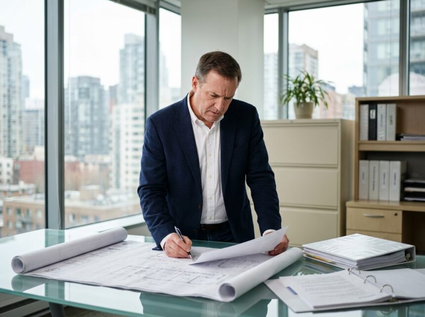 gestionnaire immobilier professionnel consultant des plans de propriétés et documents dans un bureau moderne avec vue sur la ville