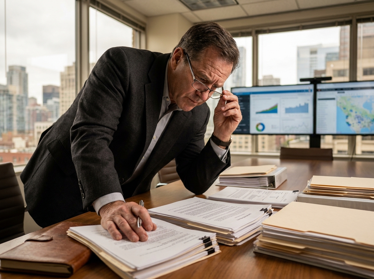 Gestionnaire de portefeuille immobilier professionnel examinant documents et contrats dans salle de conférence moderne