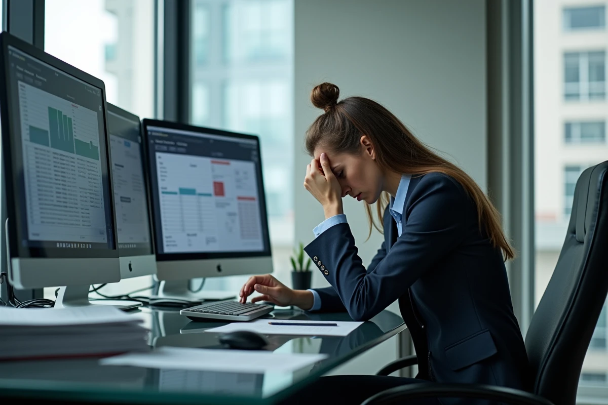 gestionnaire RH épuisée devant plusieurs écrans affichant des erreurs de logiciel de paie et des feuilles de calcul complexes dans un bureau moderne