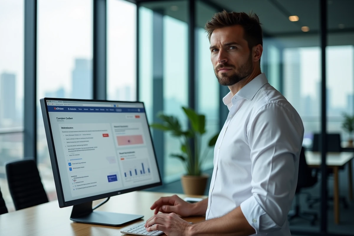 Manager marketing debout devant un tableau de bord Getfluence pour campagnes de liens sponsorisés