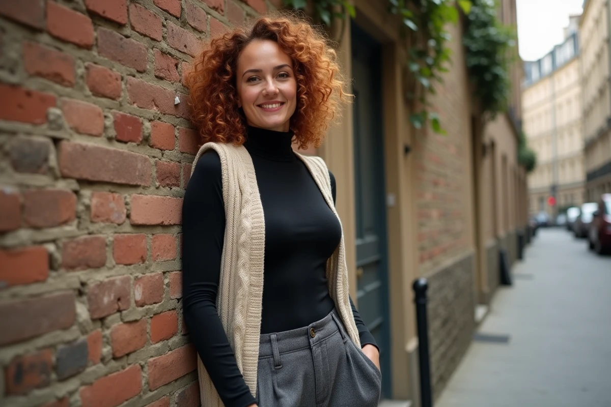 Femme portant un gilet crème épais sur bodysuit noir avec pantalon gris - style basique chic garantedore parisien