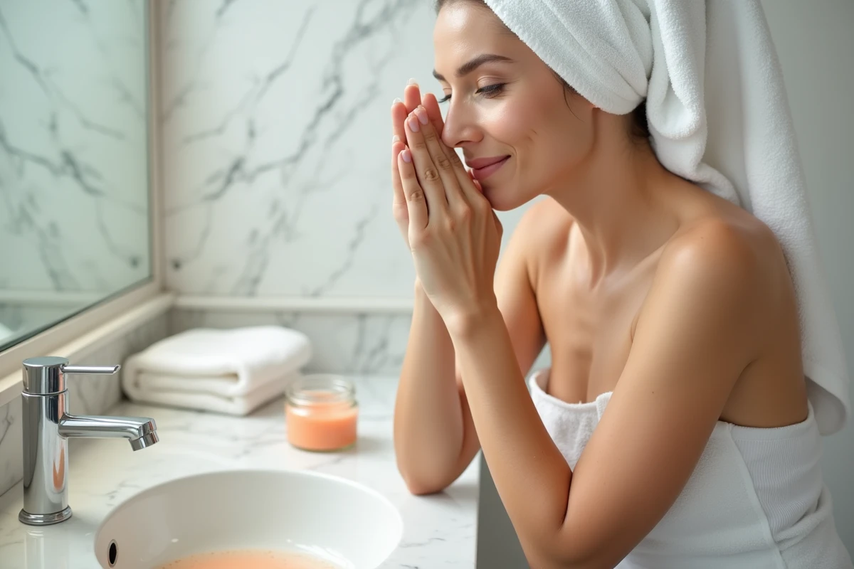 Femme appliquant un gommage enzymatique sur le visage pour raviver l'éclat de la peau