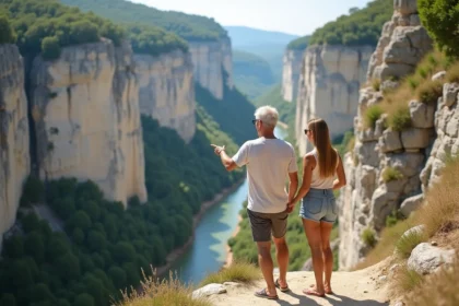 Couple admirant les gorges spectaculaires de l'Ardèche avec ses falaises calcaires blanches et grises en arrière-plan