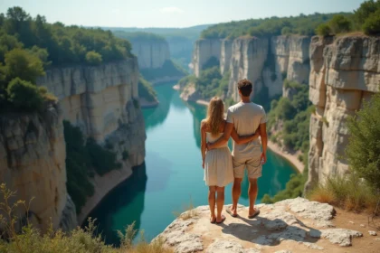 Couple admirant les gorges de l'Ardèche avec falaises calcaires et rivière turquoise en arrière-plan