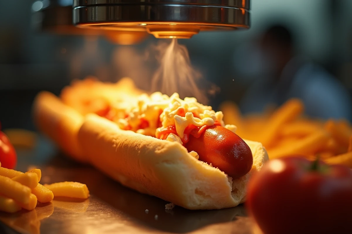 Gros plan d'un hot dog gourmet sortant d'une machine automatique avec garnitures