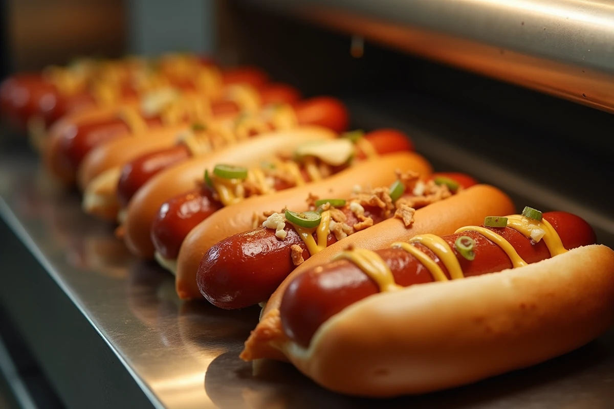 Préparation de hot dogs gourmet sur une machine à rouleau professionnel