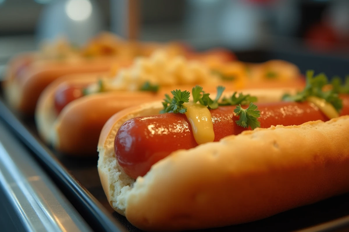 Hot dogs fraîchement préparés avec garnitures sur machine à hot dog commerciale
