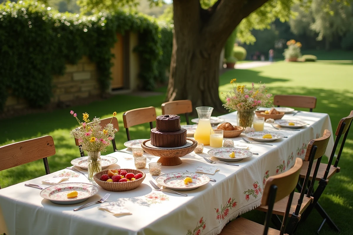 Table de goûter festif dressée en plein air dans un jardin avec gâteau au chocolat, croissants, limonade et décorations florales