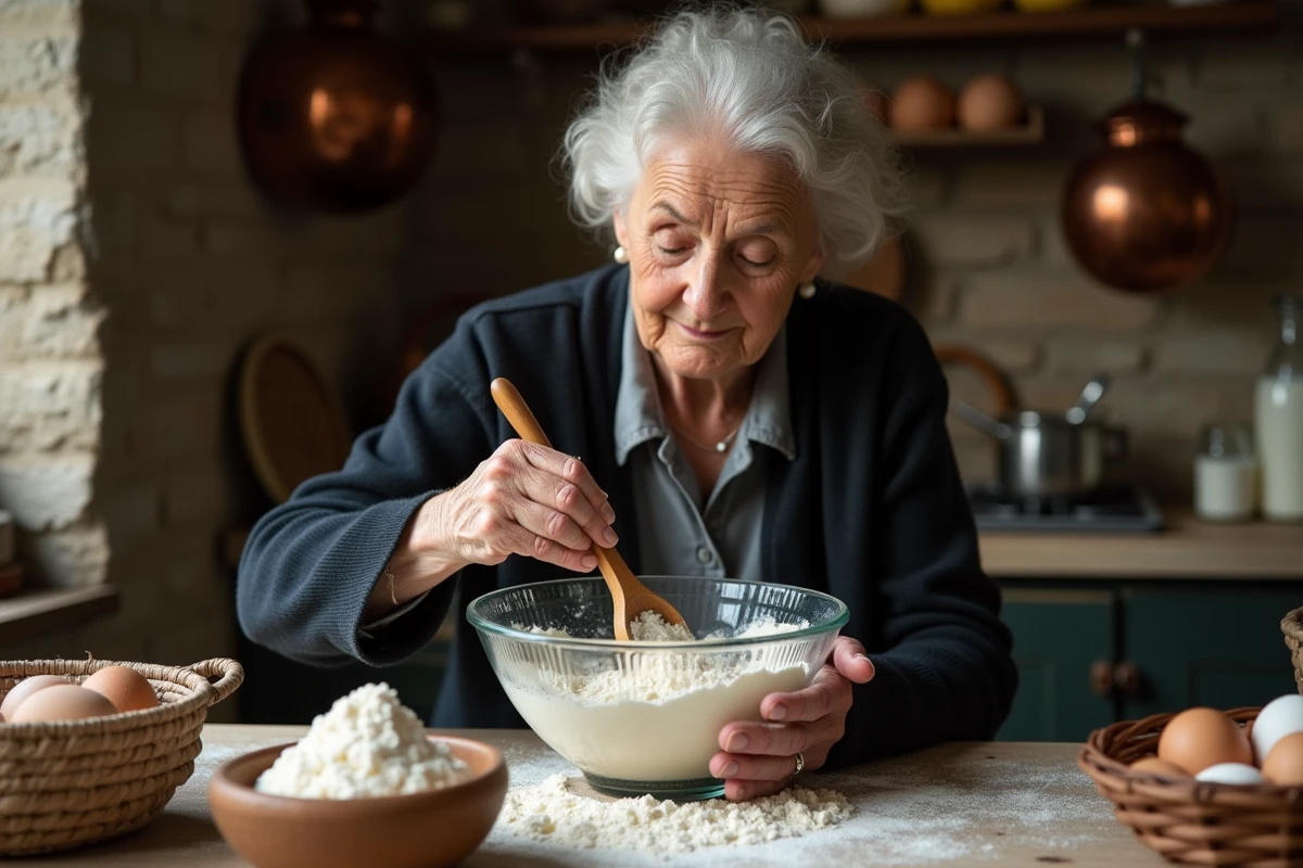 Grand-mère bretonne préparant la pâte à crêpes avec farine et ingrédients anciens dans une cuisine traditionnelle