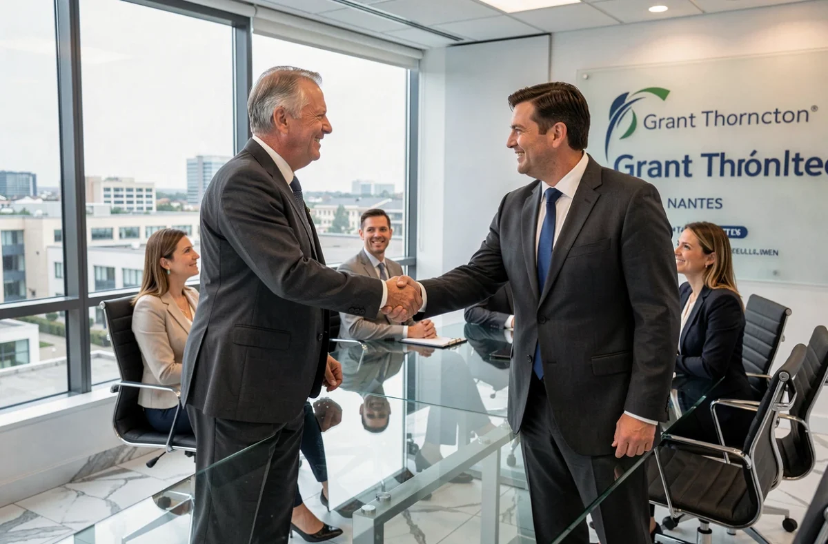 Un associé de Grant Thornton concluant un accord avec un client dans leur salle de réunion à Nantes