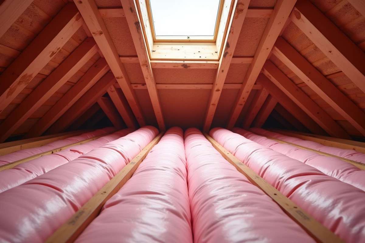Vue d'ensemble d'un grenier en cours d'isolation avec rouleaux de laine minérale