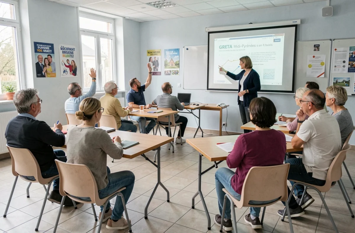 Adultes en reconversion professionnelle lors d'une session de formation dans une salle du GRETA Midi-Pyrénées
