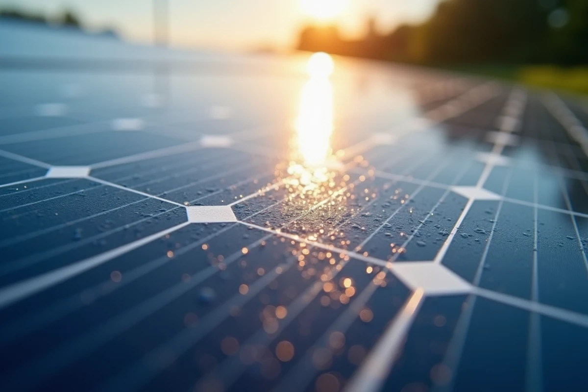 Détail des cellules photovoltaïques d'un panneau solaire avec reflet de lumière du soleil