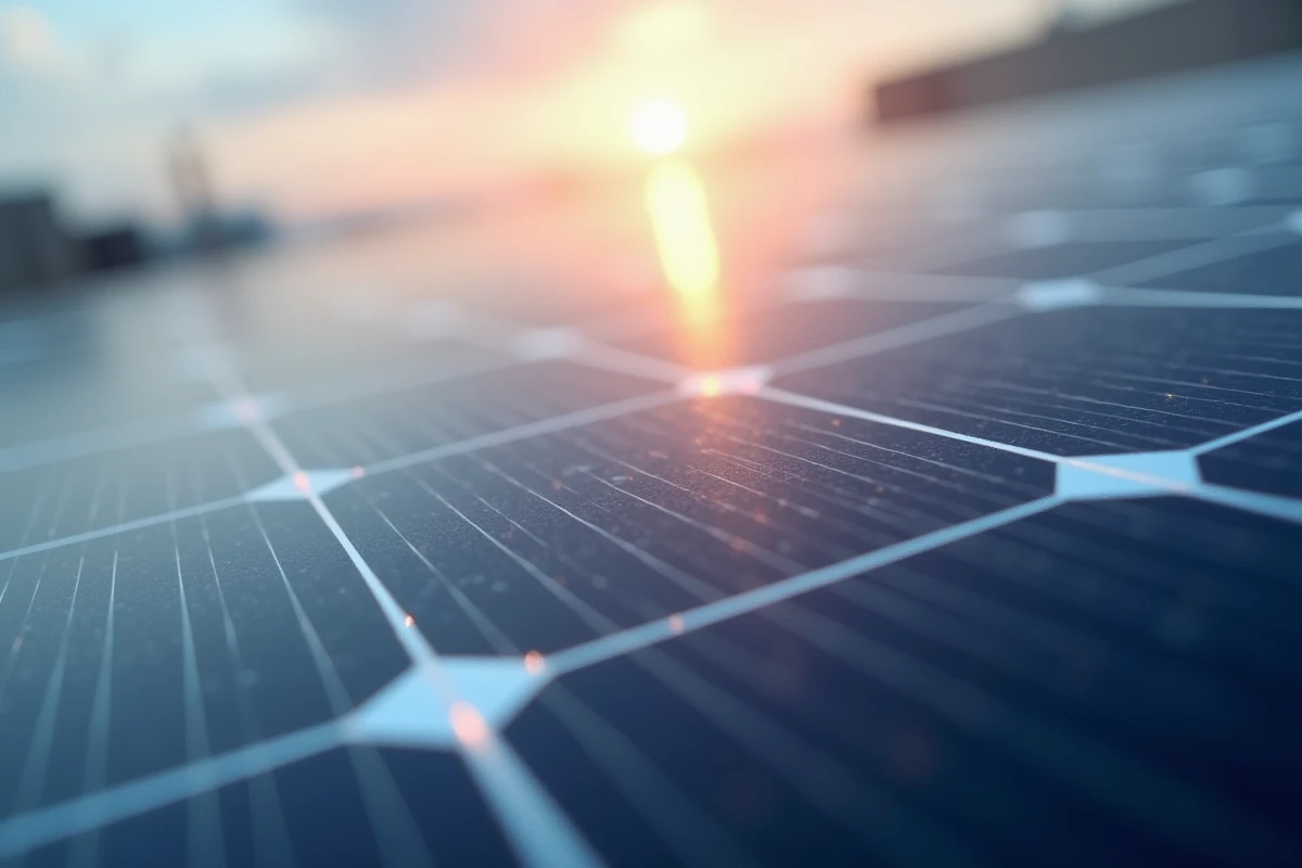 Gros plan détaillé d'un panneau solaire photovoltaïque montrant les cellules de conversion d'énergie en lumière naturelle