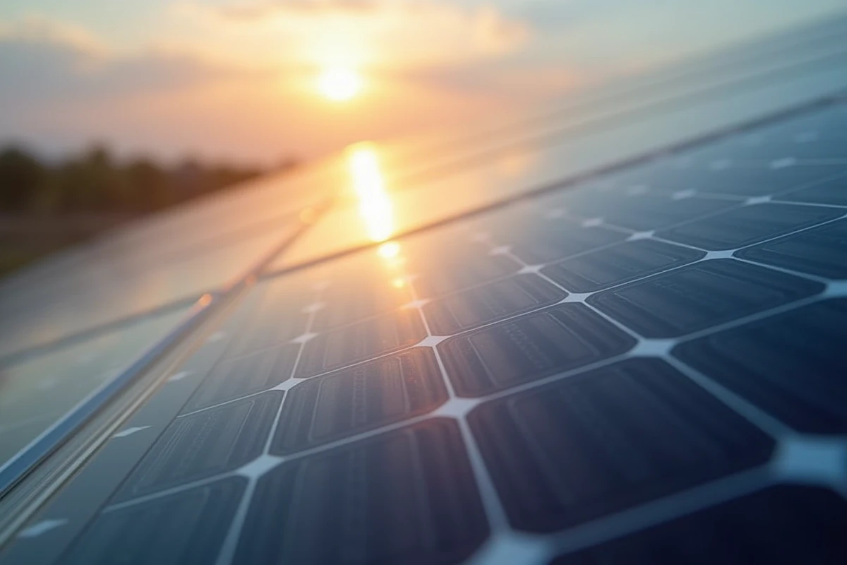 Gros plan détaillé sur la surface d'un panneau solaire avec reflet du soleil et cellules photovoltaïques