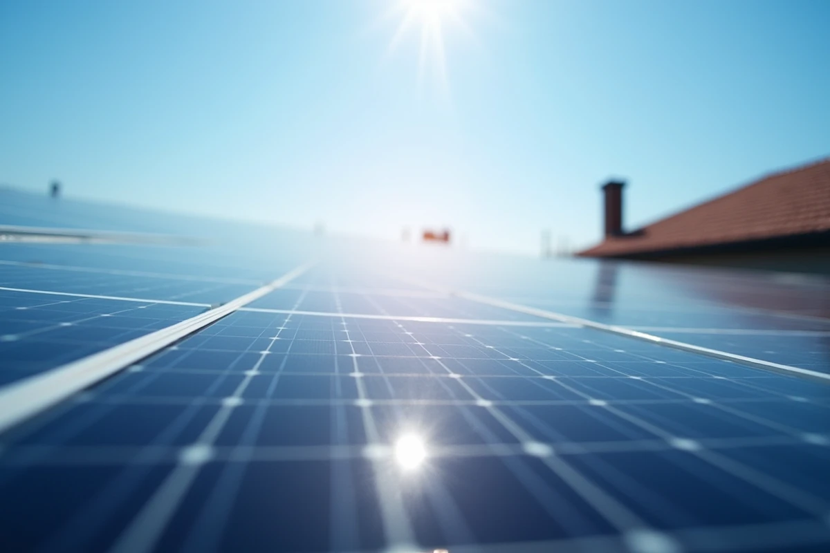 Gros plan sur des panneaux solaires photovoltaïques avec reflet du soleil et cellules solaires visibles