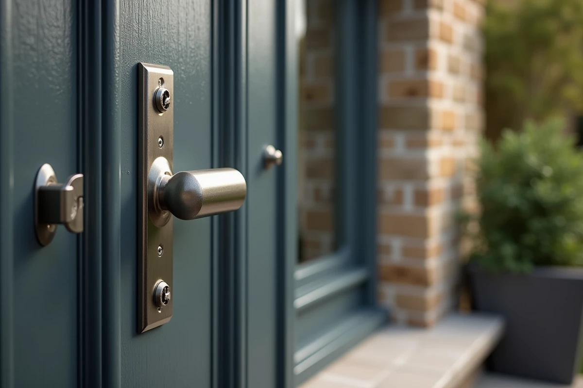 Gros plan sur un système de verrouillage multipoint en acier sur une porte d'entrée blindée de maison individuelle