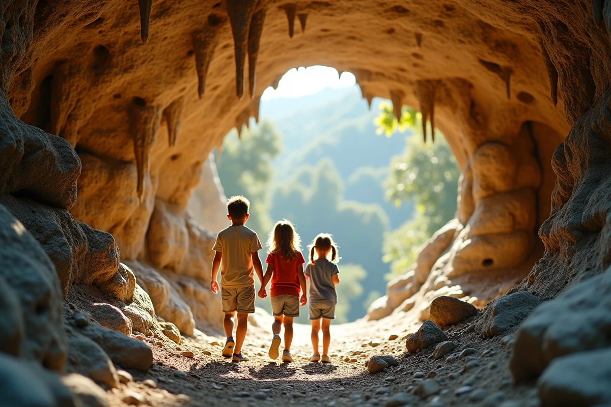 Famille explorant une grotte souterraine en Ardèche avec formations calcaires et stalactites