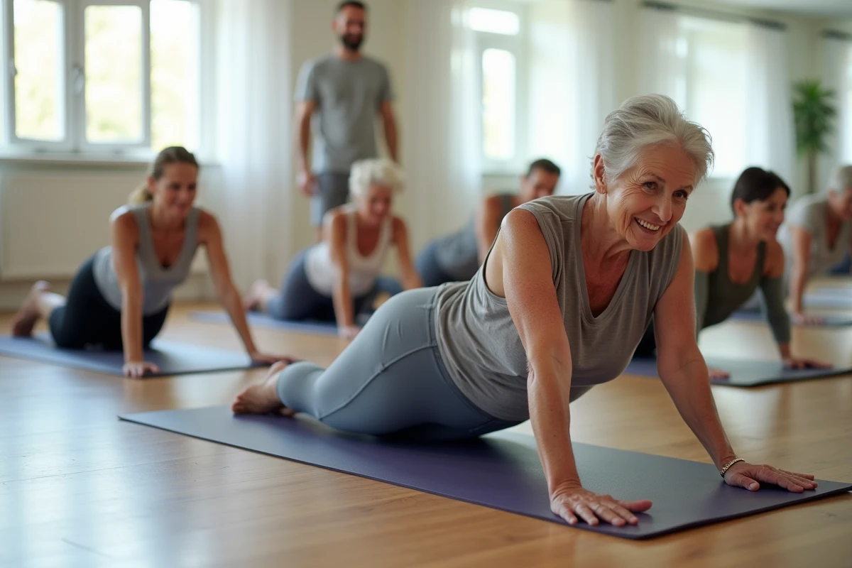 Groupe de seniors pratiquant le pilates en cours collectif pour renforcer les muscles