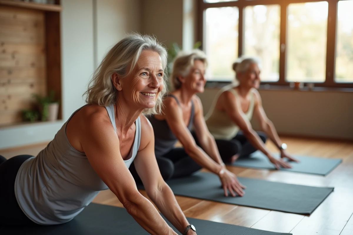 Groupe de trois personnes de plus de 50 ans pratiquant le pilates ensemble dans un studio