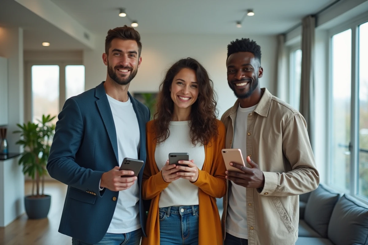 Groupe de jeunes adultes présentant une collection de smartphones 2026