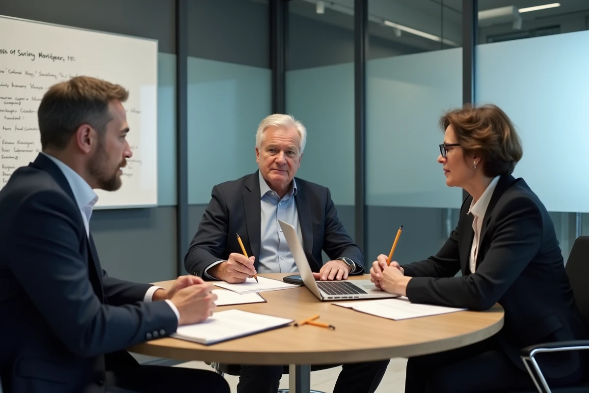Groupe de dirigeants participants à un atelier de coaching collectif en salle de réunion, représentant l'accompagnement stratégique des équipes de direction