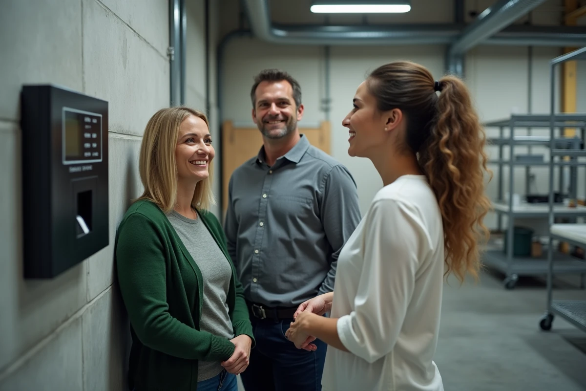 Groupe de trois employés utilisant un système de pointeuse biométrique dans un environnement industriel ou entrepôt