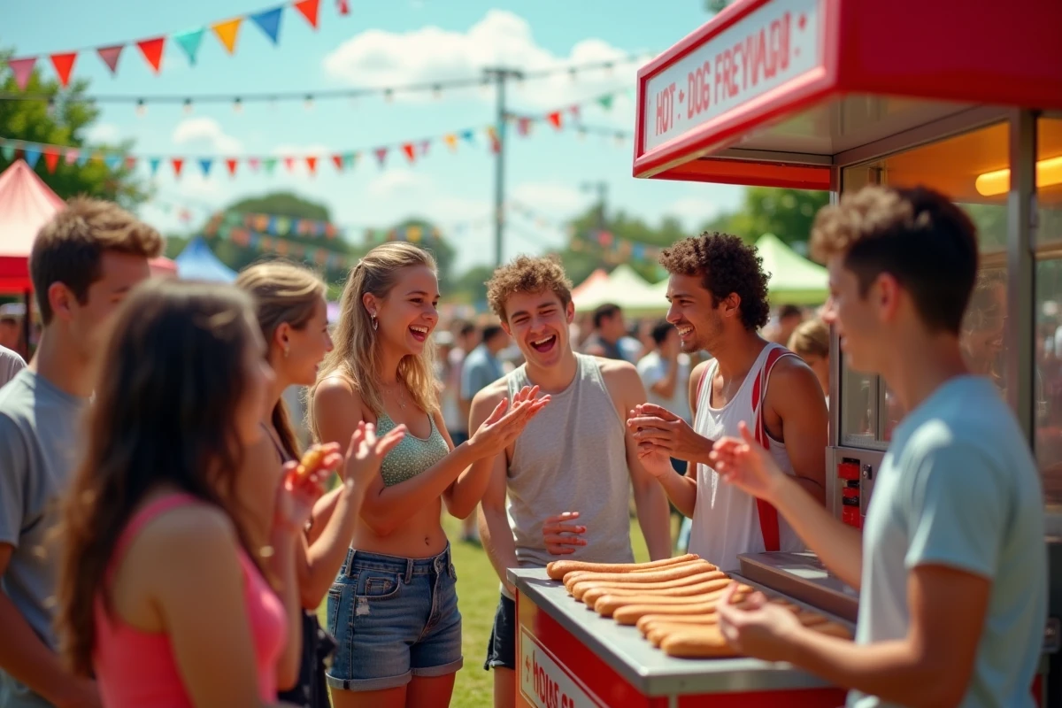 groupe de jeunes autour d'une machine à hot dog lors d'un festival d'été avec decorations festives