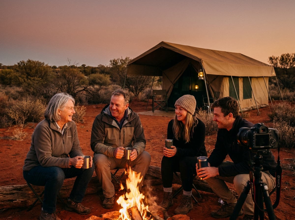 Groupe de voyageurs autour d'un feu de camp dans les grands espaces sud-africains partageant l'expérience