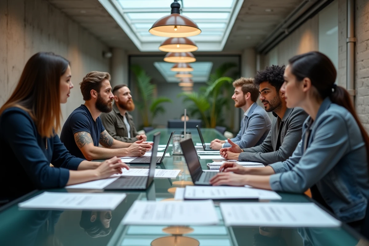 groupe de professionnels en formation IA autour d'une table de conférence avec matériel pédagogique