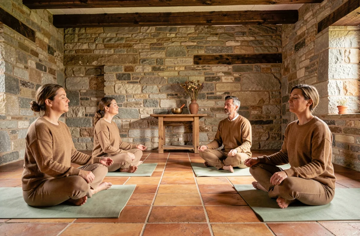 Groupe de participants en séance de méditation collective dans une salle en pierre d'une ferme bretonne lors d'un stage