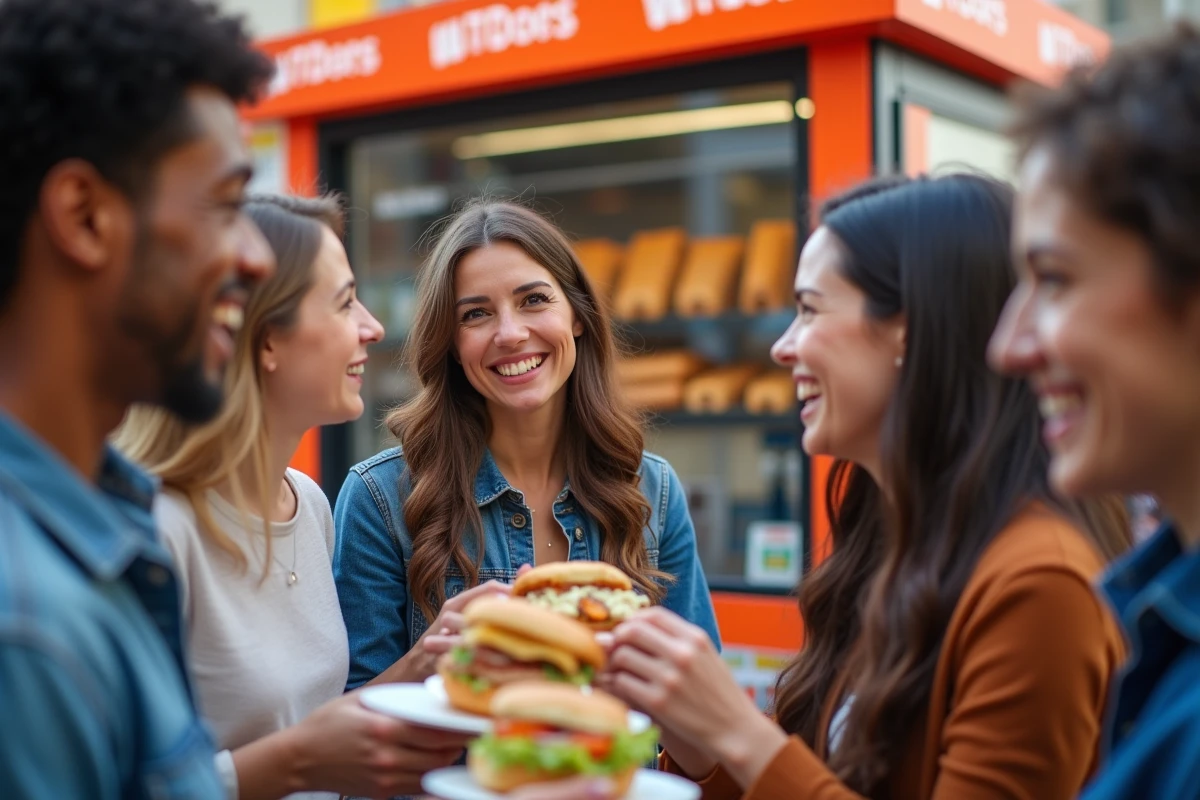 Groupe de personnes heureuses dégustant des hot dogs lors d'un événement corporate