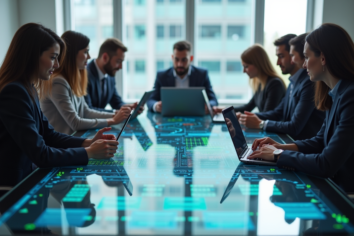 Groupe de professionnels en réunion autour d'un tableau numérique