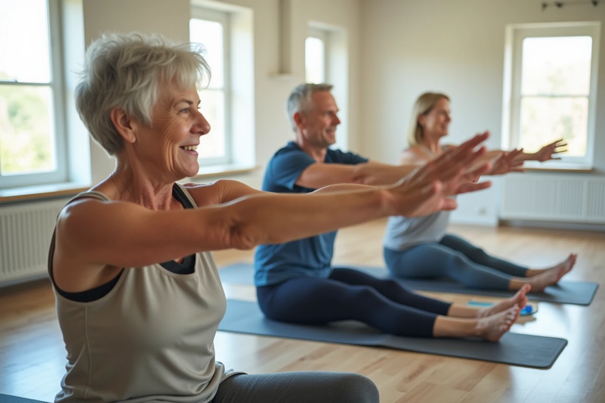 Groupe de seniors de plus de 50 ans pratiquant le pilates ensemble dans un cours collectif en studio