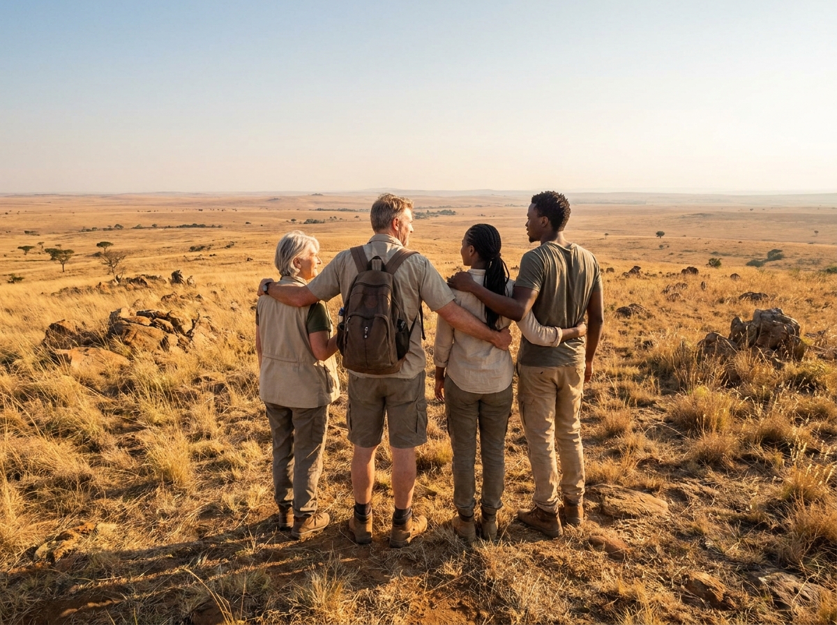 Groupe de voyageurs explorant ensemble les étendues infinies du highveld sud-africain au coucher de soleil