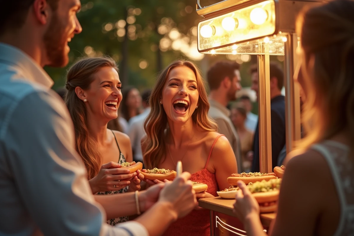 Invités heureux dégustant des hot dogs d'une machine lors d'un événement festif élégant en plein air