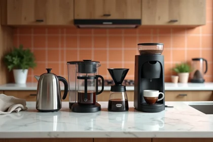 Comparaison de quatre types de cafetières différentes disposées sur un comptoir de cuisine moderne en marbre blanc