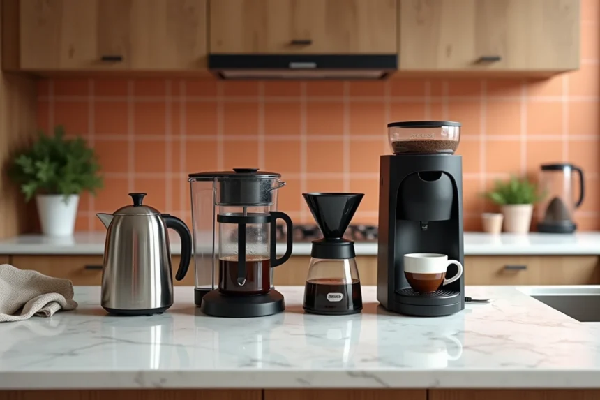 Comparaison de quatre types de cafetières différentes disposées sur un comptoir de cuisine moderne en marbre blanc