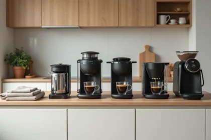 Quatre types de cafetières différentes alignées sur un comptoir de cuisine moderne avec une tasse de café devant chacune