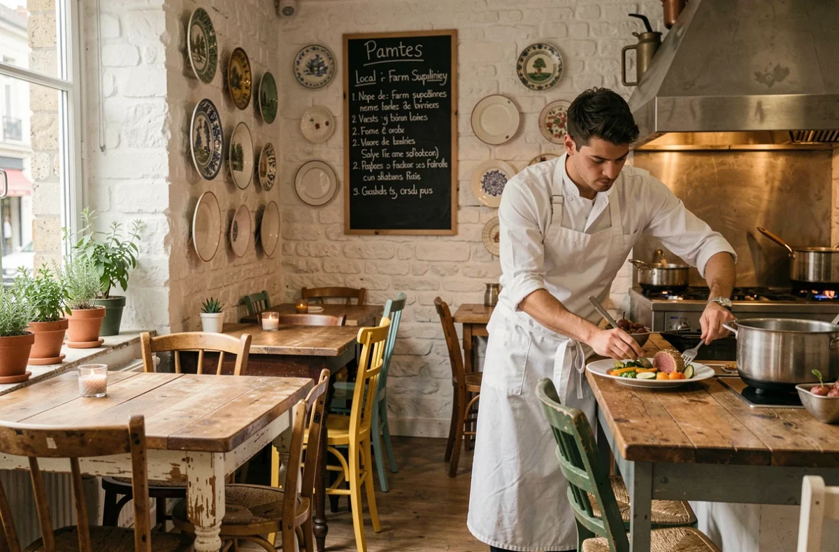 Intérieur bistronomique chaleureux du restaurant Gwaien à Nantes avec ardoise des producteurs locaux et cuisine ouverte